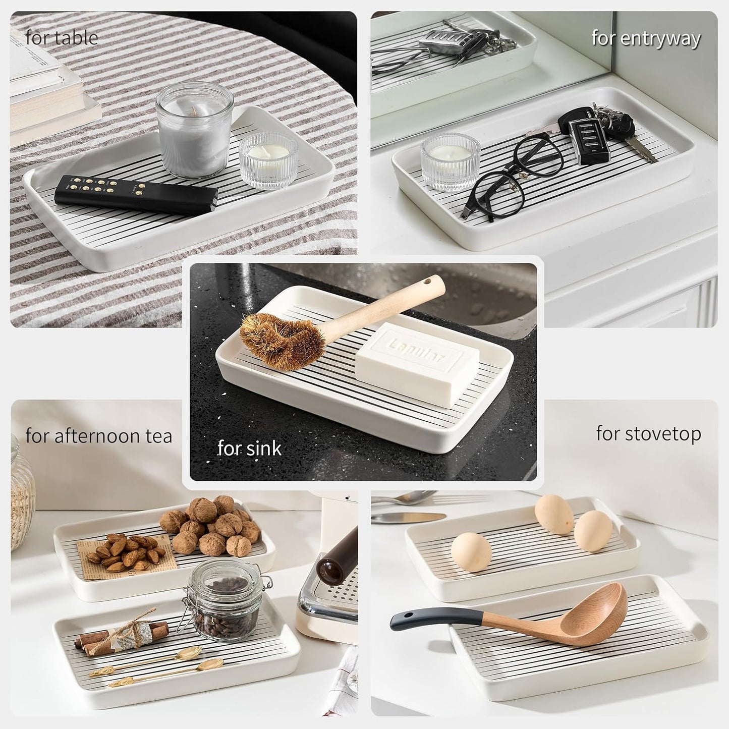 Bathroom Vanity Tray for Countertop,2PC Rectangle Striped Tray,Decorative Bathroom Organizer for Scrubber, Lotion Bottles, Perfume, Jewelry, Candle, Key Trinket Ring(Large,White)