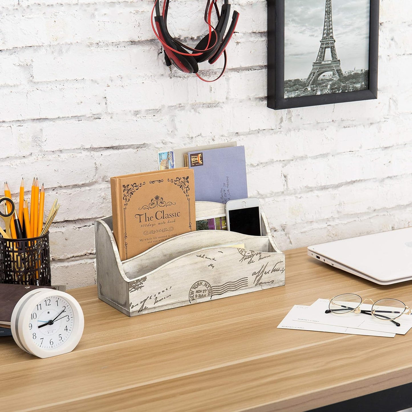 MyGift 3 Slot Vintage Postcard Design Beige Wood Home Countertop Mail Letter Holder, Wooden Office Desk Organizer, File Sorter, Bill Divider, Envelope Storage Bin