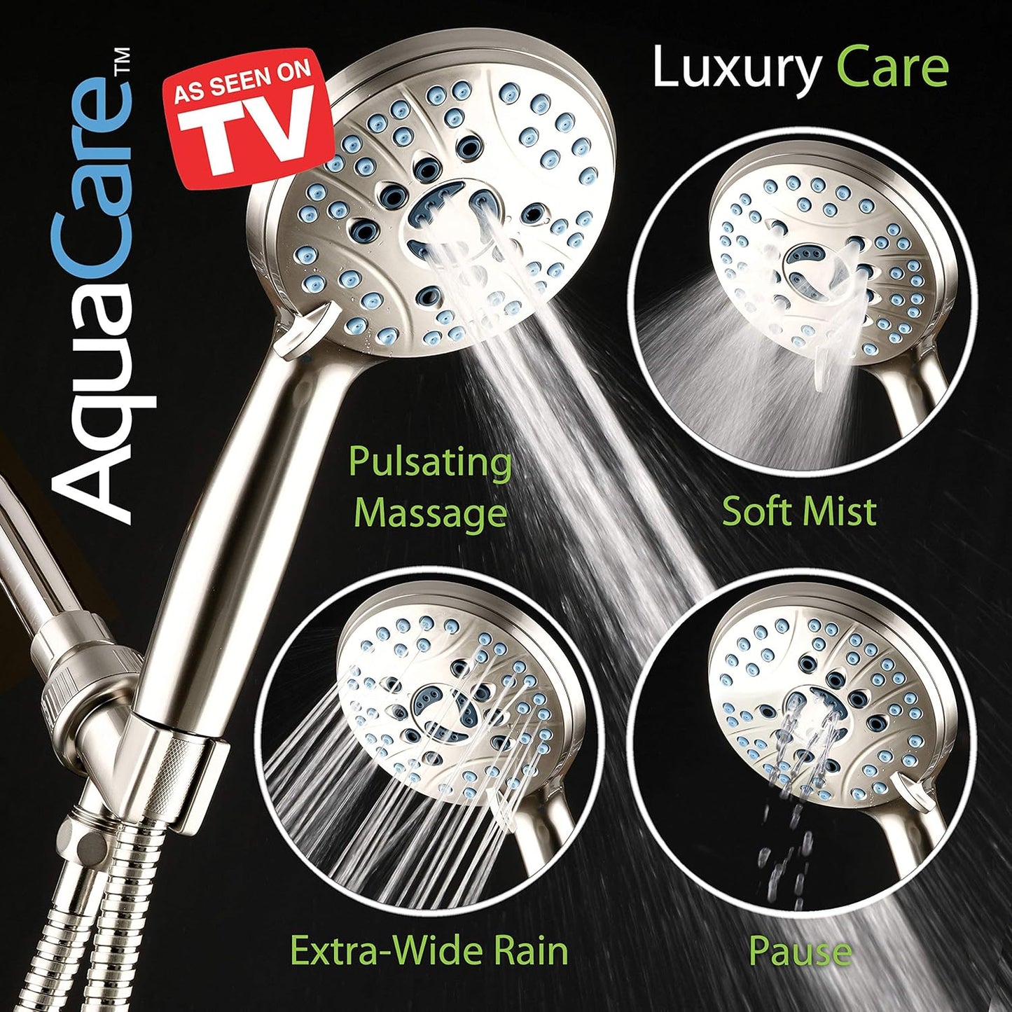 Hotel Spa AquaCare High Pressure 8-mode Handheld Shower Head, Anti-clog Nozzles, Built-in Power Wash to Clean Tub, Tile & Pets, Extra Long 6 ft. Stainless Steel Hose, Wall & Overhead Brackets