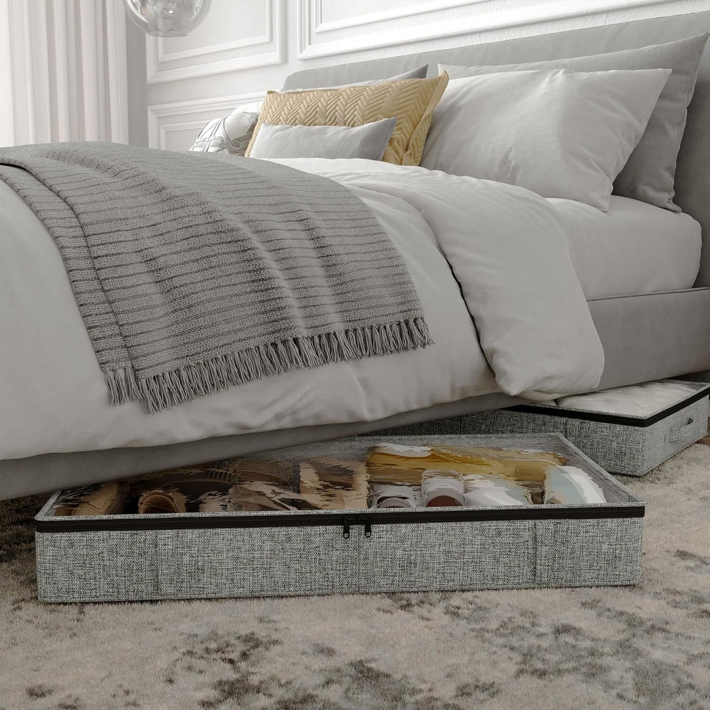 Gray Low Profile Under Bed Storage Containers 5 inches high, 33.8"x 17.7"x 5.1", Sturdy Underbed Shoe Storage Organizer, Foldable Fabric Under the Bed Storage Bins - Pack of 2