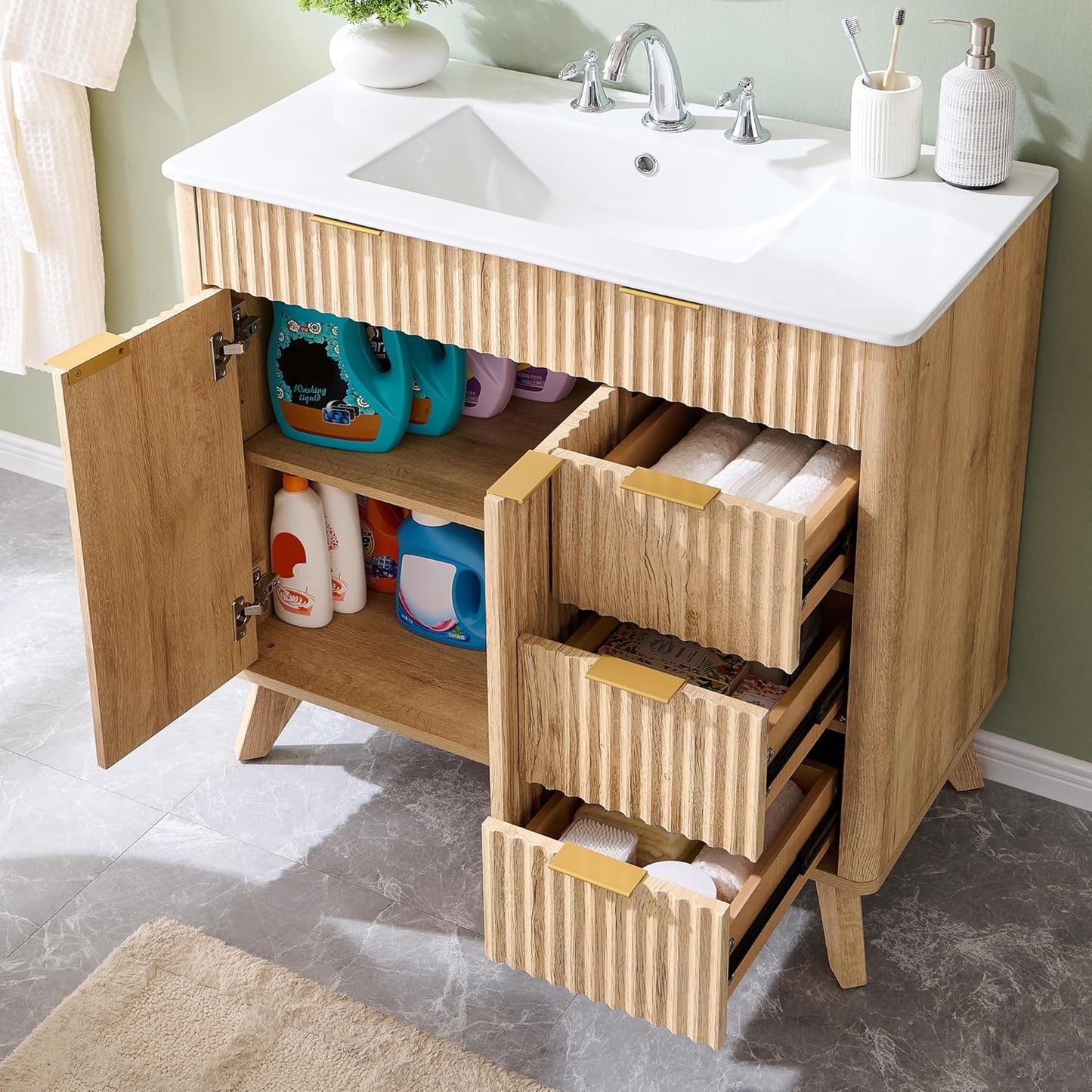 T4TREAM 36" Fluted Bathroom Vanity with Ceramic Sink Combo,Freestanding Modern Bathroom Storage Vanity Cabinet with 2 Soft Closing Doors & 3 Drawers,Wood Grain Texture,Metal Handle,Natural Oak