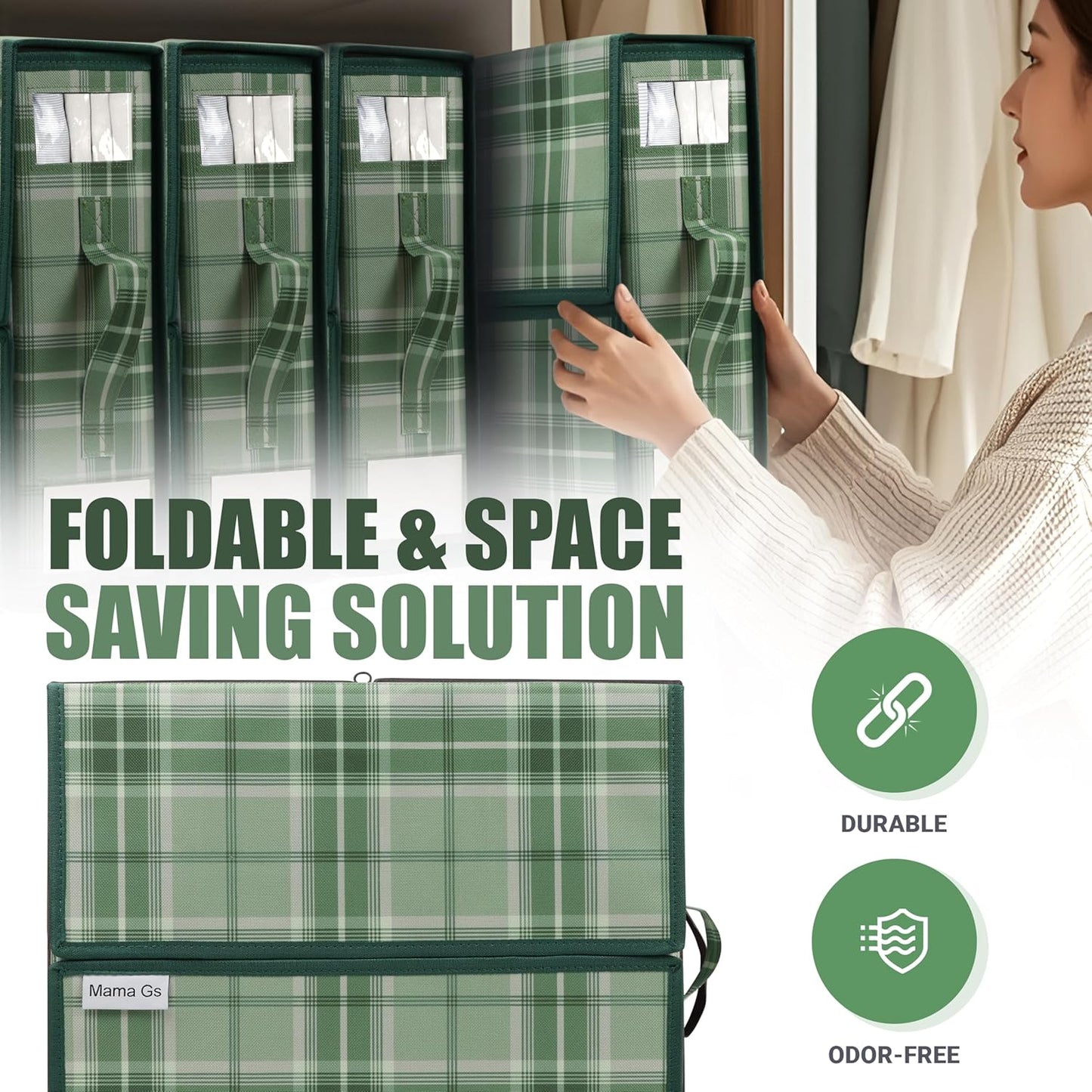 Bed Sheet Organizer Set of 4 – Plaid Sheet Storage 15"x12"x4" – Foldable Bedsheet Holders with Zipper, Window – Closet Organizer for Bedding Storage, Pillows, Duvets, Linen – Green