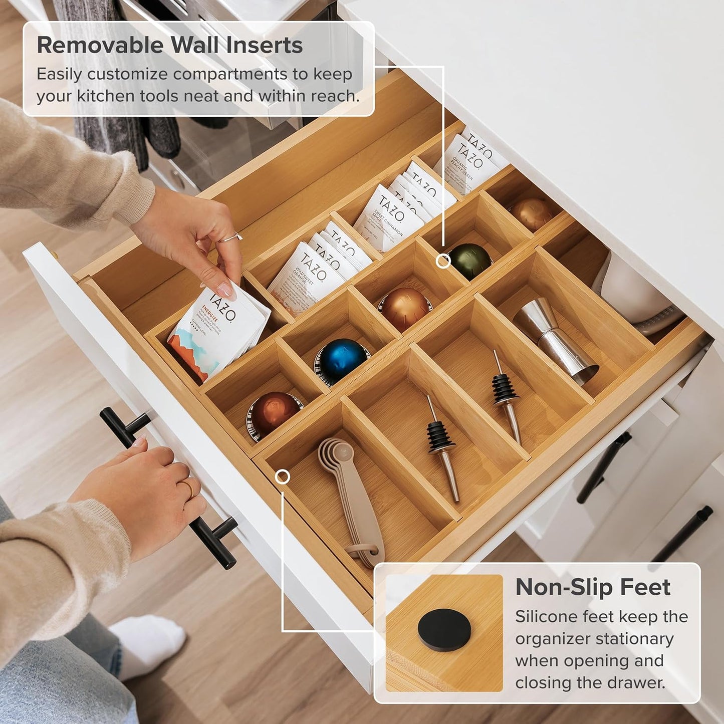 KitchenEdge Premium Tea Bags and Coffee Pods Drawer Organizer – Small 9-Compartment Design with Removable Wall Inserts, Non-Slip Feet, 100% Sustainable Bamboo