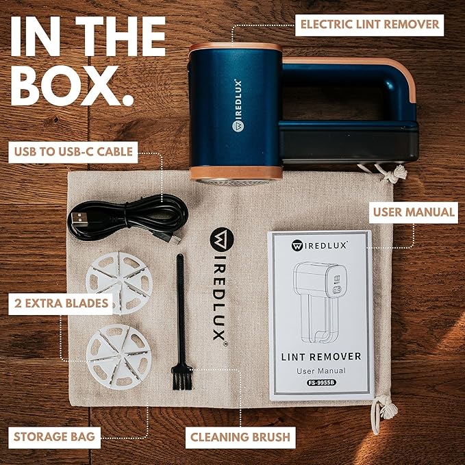 Electric Lint Remover - Rechargeable Fabric Shaver for Clothes & Couch - Adjustable 3-Speed, 6-Leaf Blade, LED Light, USB Charging - Depiller with Dual Protection (Cobalt Blue/Copper)