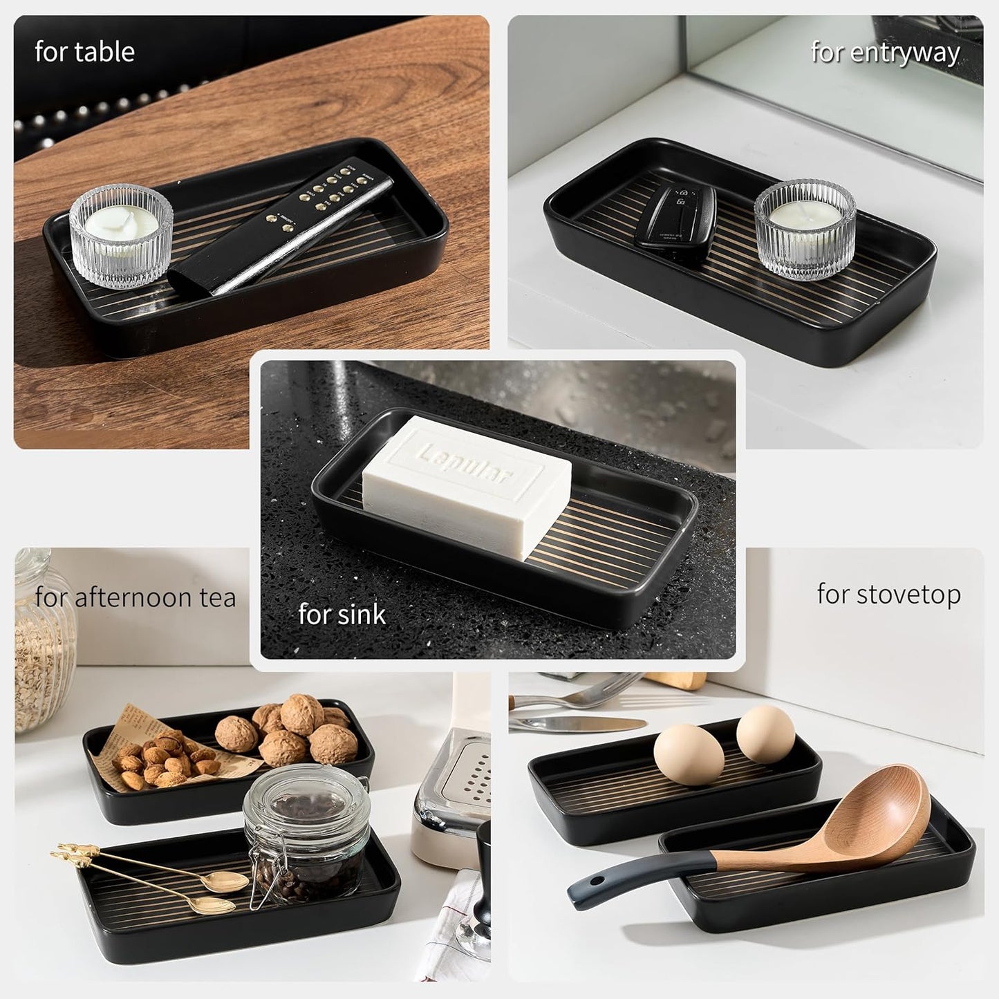 Bathroom Vanity Tray for Countertop,2PC Rectangle Striped Tray,Decorative Bathroom Organizer for Scrubber, Lotion Bottles, Perfume, Jewelry, Candle, Key Trinket Ring(Small,Black)