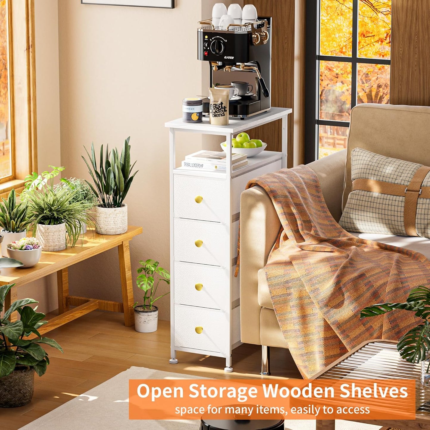 Narrow Dresser for Bedroom, Vertical Chest of Drawers with Shelf & 4 Drawers, Slim Dresser Storage Tower with Wood Top, Sturdy Frame, Leather Faux for Narrow Space, Bathroom&Laundry(White)