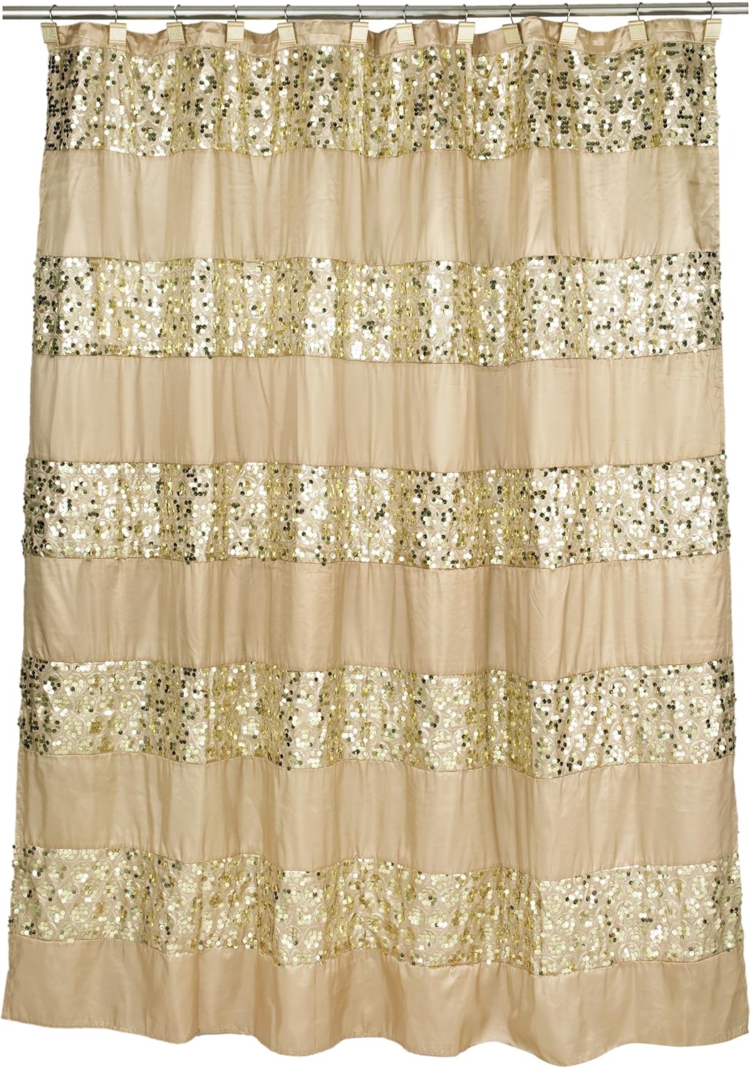 Zahari Home 13pc Sinatra Bathroom Shower Curtain Set - Gold Curtain & 12 Champagne Hooks - Luxury Fabric Bling Unique Beautiful Set