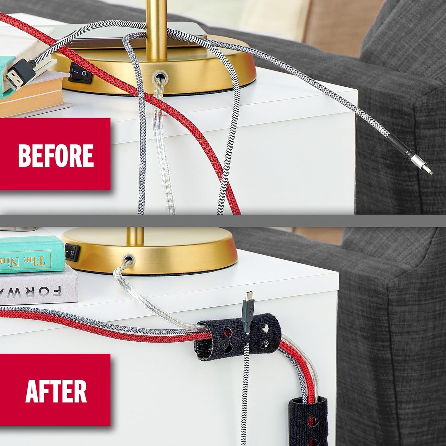 VELCRO Brand Cord Organizer for Desk & Nightstand, Stocking Stuffers for Adults, 5 Cable Slots with Sleeve Routing, Adhesive Wire Holder for Cord Management, Home, Office & Gaming, Black 2 Pack