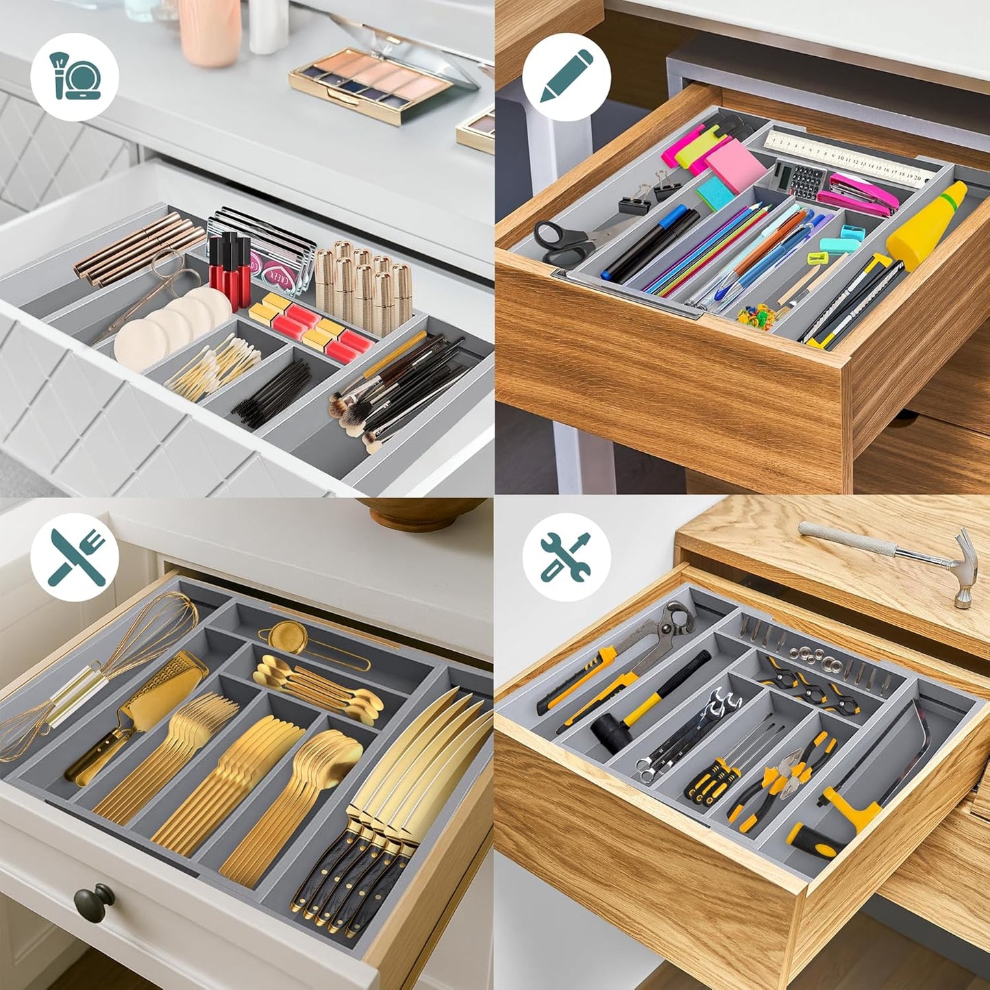 Sben Expandable Drawer Organizer for Utensils Holder, Adjustable Cutlery Tray, Wood Drawer Dividers Organizer for Silverware, Flatware, Knives for Kitchen (Gray)