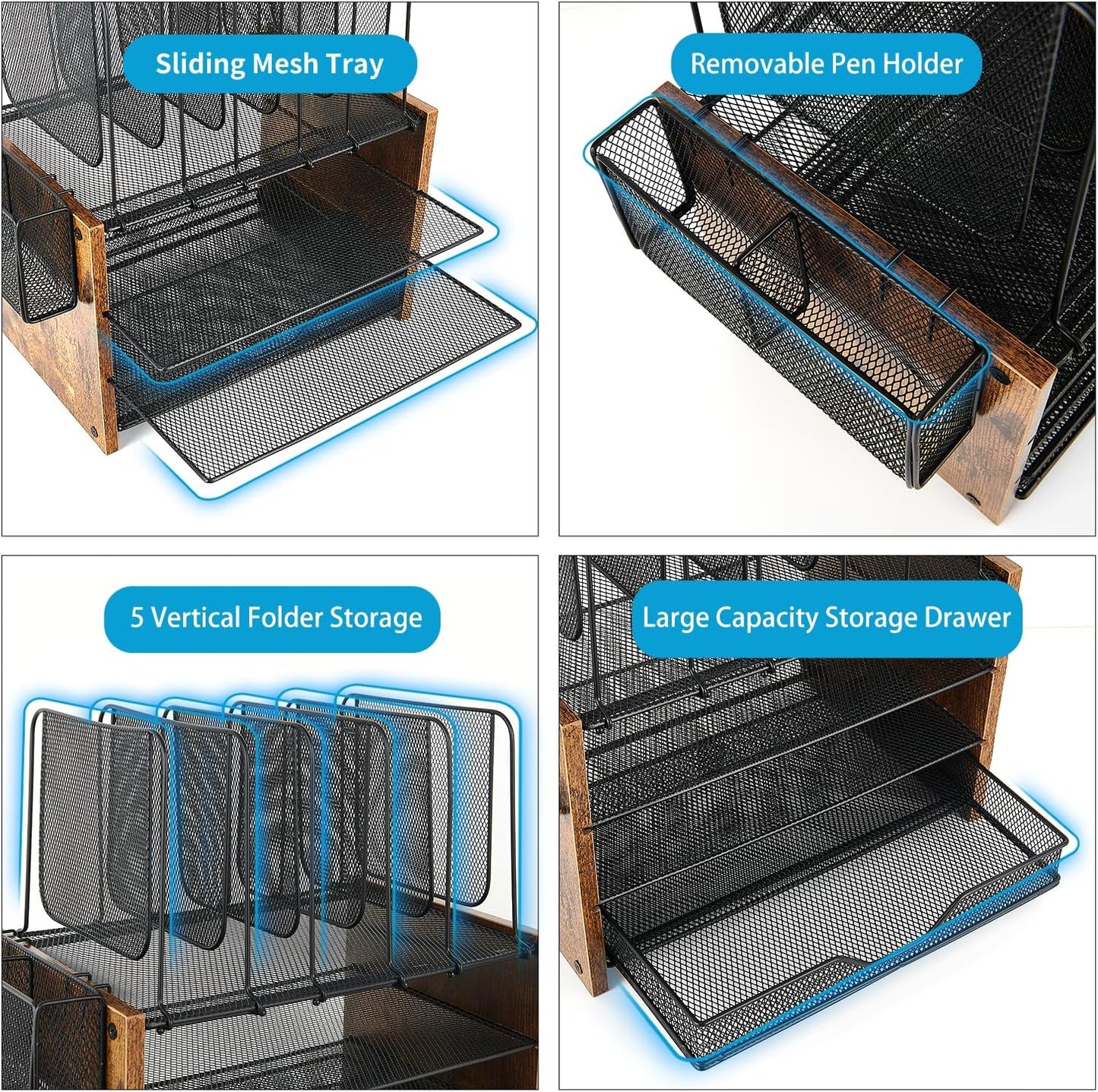 Wood Desk Organizers and Accessories, 4-Tier Workspace Desktop Paper Organizer with Drawer, 5 Vertical File Holders and Pen Holder for Office Supplies