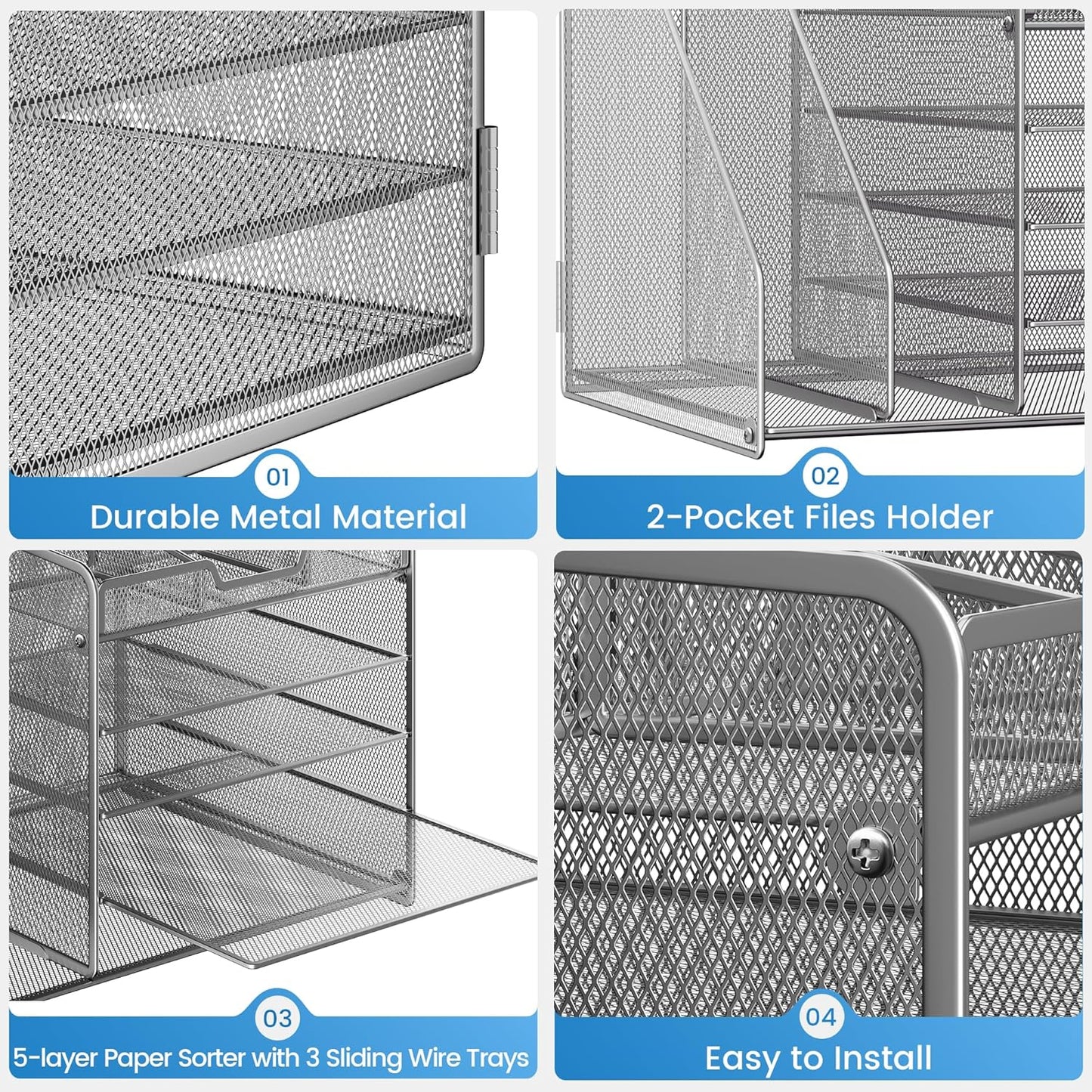 Lavatino 5-Tier Metal Mesh Desk Organizer with 2 File Holders & 7 Customizable Compartments | Paper Letter Tray for Office or Home Desk Storage | Keep Workspace Supplies Neat & Organized, Silver