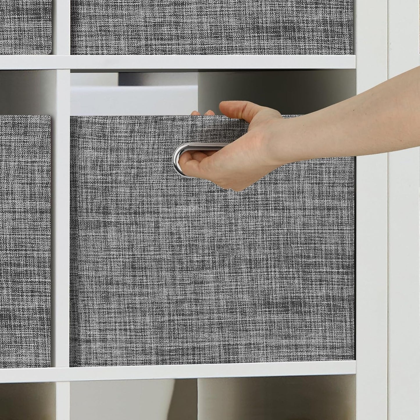 Posprica Closet Storage Bins, 4 Pack Large Closet Shelf Organizers, Linen Fabric Decorative Storage Baskets for Organizing, Foldable Storage Box for Clothes, Toy, 16.5x12x10.25 Inch (Black)