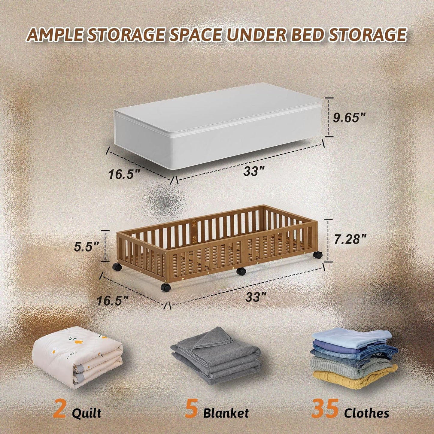 Bamboo Under Bed Storage Containers with Wheels, 2 Pack Large Under the Bed Shoe Storage Bins, Wood Rolling Underbed Drawers Organizer for Bedroom Closet Clothes Blanket Under Crib Toy Walunt