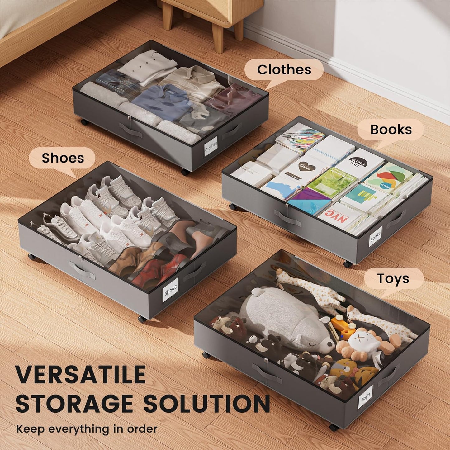 XXXL 78L Under Bed Storage with Wheels, Rolling Storage Containers with Support & Clear Lid, Heavy-Duty Metal Frame, Easy Pull-out, Underbed Storage Bins for Clothes, Shoes, Blankets, and Toys 1-Pack