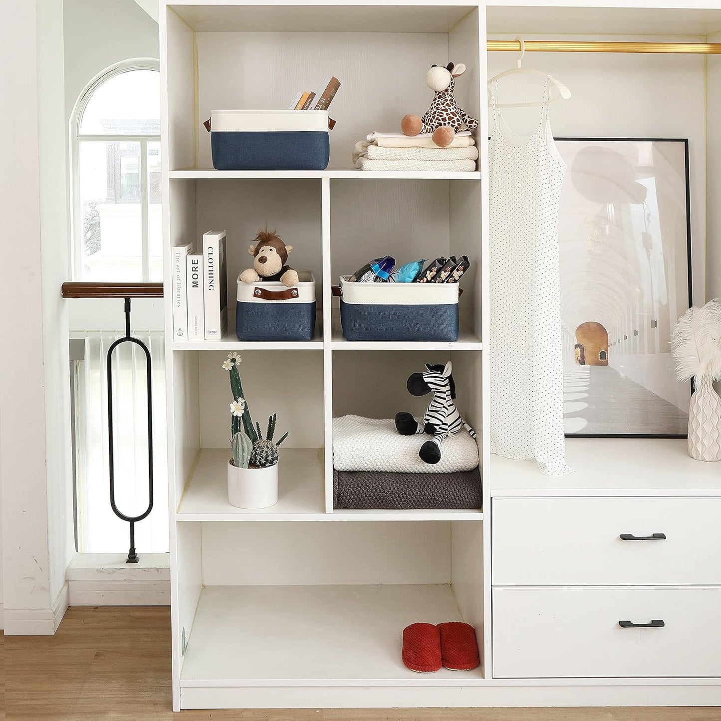 OrganiHaus Small Fabric Storage Baskets for Shelves 3 Pack, 12x08in Closet Storage Bins for Shelves, Canvas Baskets for Organizing, Linen Closet Organizers, Cloth Basket, Navy Blue/Off-White