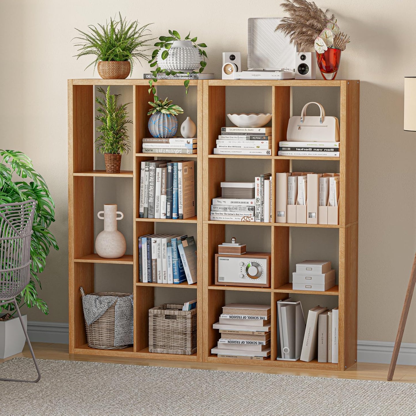 Cube Storage Organizer Bookcase, Decorative 11 inch Open Back Cubical Shelf with Thickened Border, Display Bookshelf for Living Room, Home Office, Sturdy Room (Natural Oak, 8 Cube)