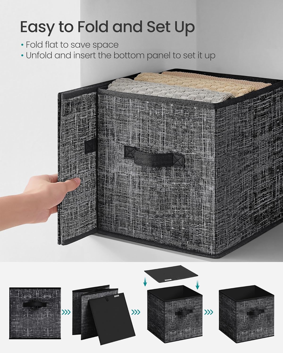 SONGMICS Storage Cubes, 10.2 x 10.2 x 11 Inches Non-Woven Fabric Bins with Double Handles, Set of 10, Closet Organizers for Shelves, Foldable, for Clothes, Ink Black UROB126B01