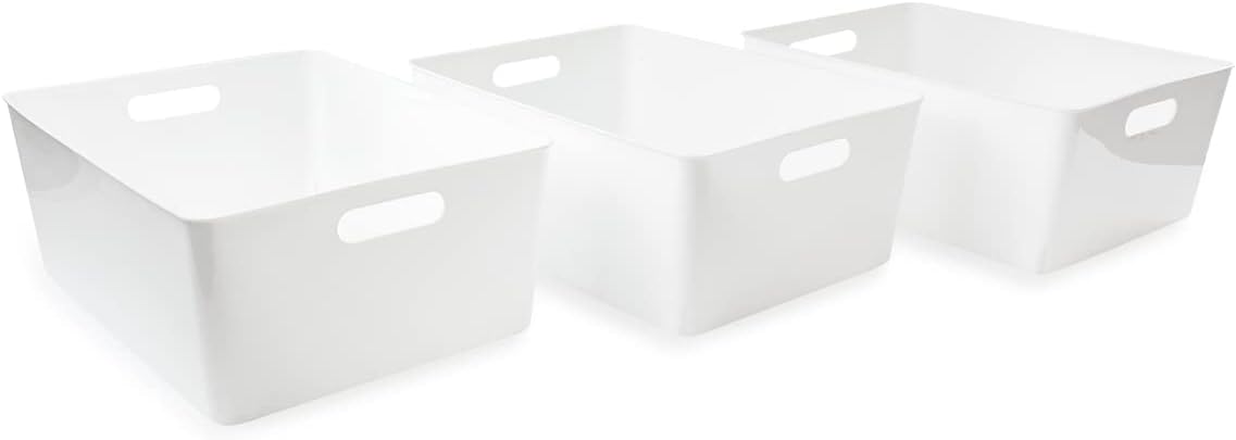 Isaac Jacobs 3-Pack XL White Storage Bin (13.9” x 10.6” x 5.75”) Set w/Cut-Out Handles, Plastic Organizer, Multi-Use, Home, Office, Pantry, Closet, Kitchen