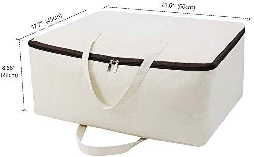 Breathable Canvas Cotton Soft Storage Bags with Handles & 3-side Zip, Good for Cotton Clothes Bedding Organizer Bins, Beige, 3pcs