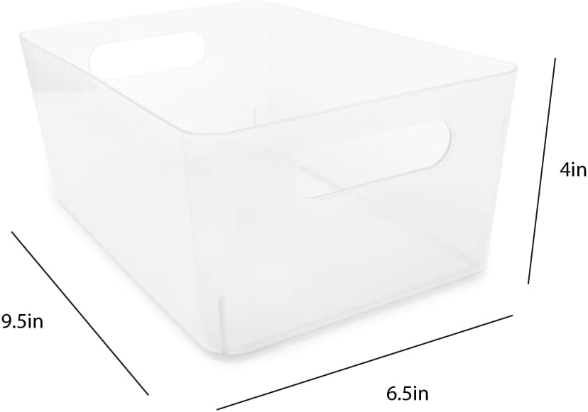Isaac Jacobs 5-Pack Medium Clear Storage Bin (9.5” x 6.5” x 4”) Set w/Cut-Out Handles, Plastic Organizer, Multi-Use, Home, Office, Pantry, Closet, Kitchen