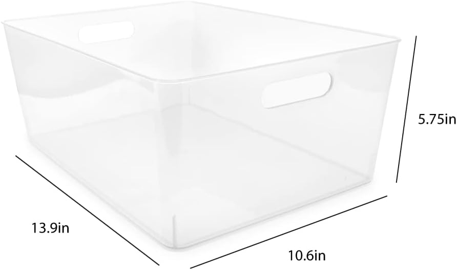 Isaac Jacobs 3-Pack XL Clear Storage Bin (13.9” x 10.6” x 5.75”) Set w/Cut-Out Handles, Plastic Organizer, Multi-Use, Home, Office, Pantry, Closet, Kitchen