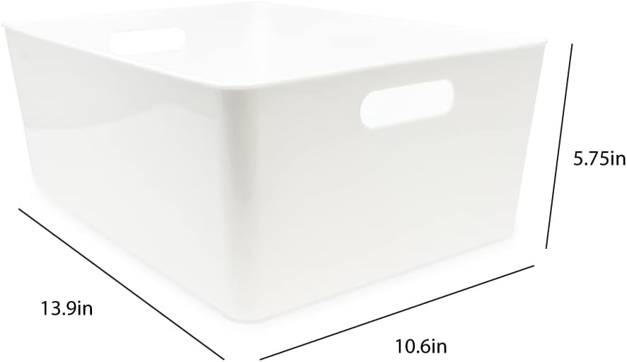 Isaac Jacobs 3-Pack XL White Storage Bin (13.9” x 10.6” x 5.75”) Set w/Cut-Out Handles, Plastic Organizer, Multi-Use, Home, Office, Pantry, Closet, Kitchen