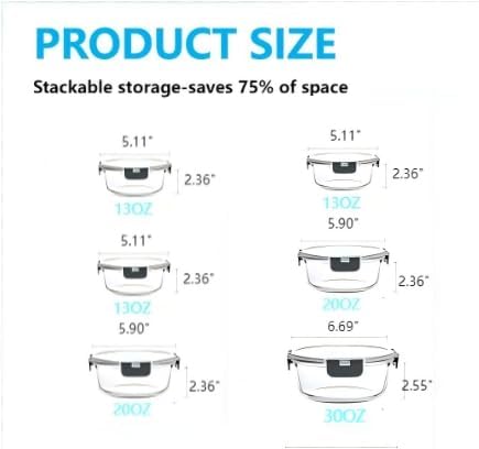 [6-piece set] Glass food preparation and storage containers with lids that provide a good seal. Glass lunch boxes that are microwave, oven, freezer, dishwasher safe. (Round)