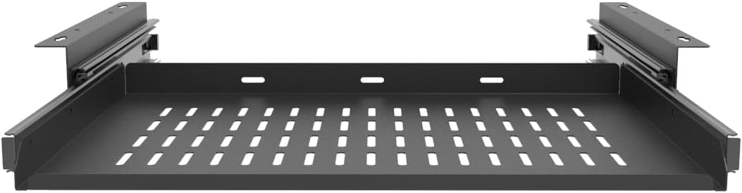 JINGCHENGMEI Sliding Under Desk Laptop Mount Shelf with Air Vents, W 16.3" x D 12" Metal Under Desk Slide Out Tray for Laptop (16 Inch Wide)