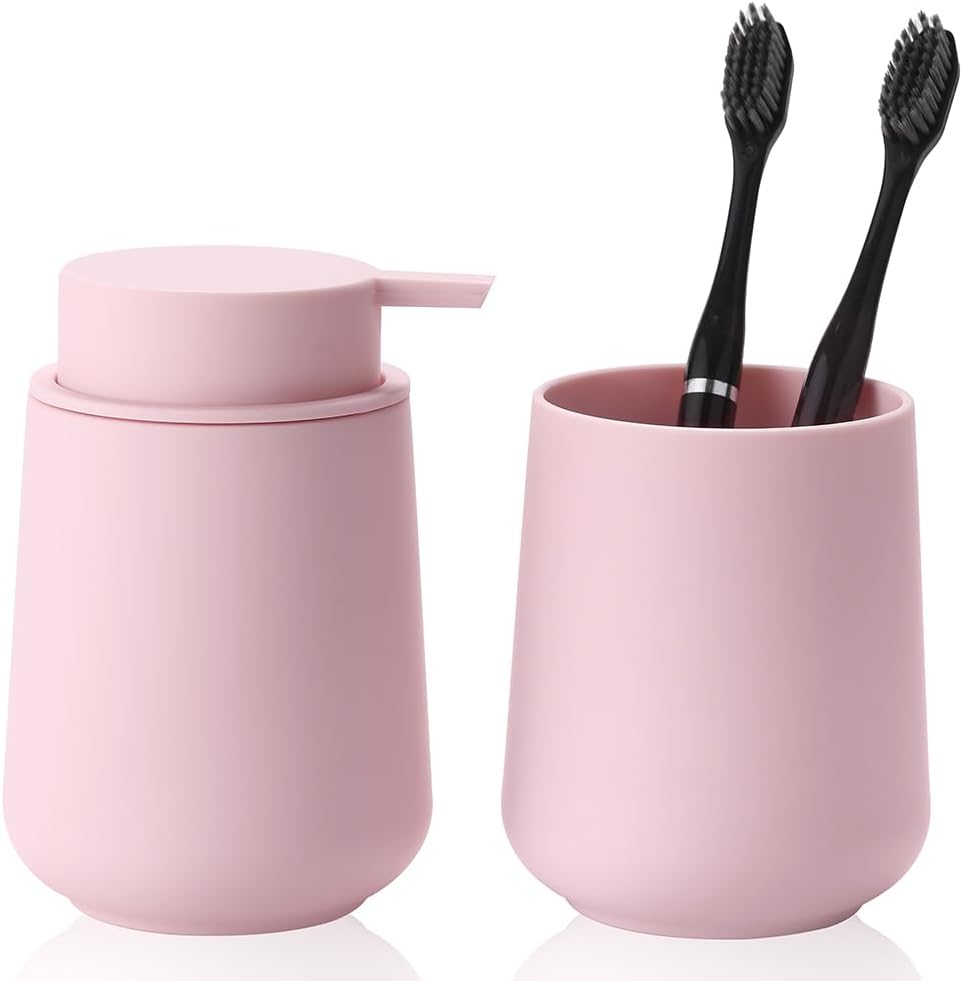 Matte Pink Bathroom Accessories 2 Piece Set Plastic Soap Dispenser and Toothbrush Holder for Modern Bathroom Decor