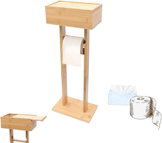Bamboo Toilet Paper Holder Stand, Free Standing Toilet Paper Holder Tissue Roll Stand Rack for Small Space Bathroom and Spare Rolls Storage