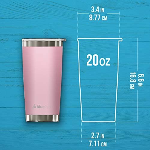 BluePeak Double Wall Stainless Steel Vacuum Insulated Tumbler Set, 2-Pack. Includes Sipping Lids, Spill-Proof Sliding Lids, Straws, Cleaning Brush & Gift Box (20oz, Pink)