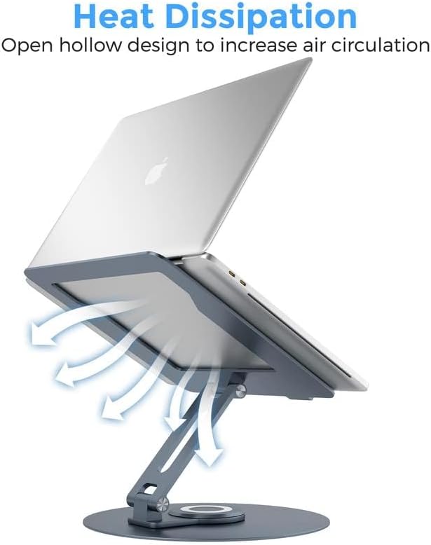 Swivel Laptop Stand for Desk, Adjustable Height Aluminum Computer Stand with 360 Rotating Base, Foldable Ergonomic Riser, Portable Laptop Holder Compatible with MacBook, All Laptops 10-17'', Grey