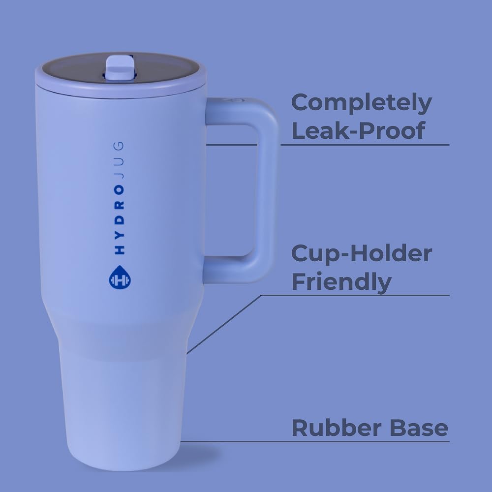 HydroJug Traveler - 40 oz Water Bottle with Handle & Flip Straw - Fits in Cup Holder, Leak Resistant Tumbler-Reusable Insulated Stainless Steel & Rubber Base - Gifts for Women & Men, Peri