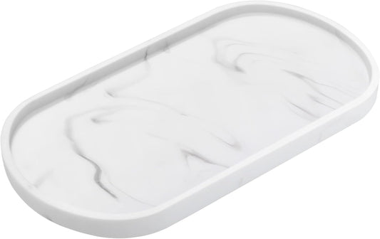 Luxspire Bathroom Vanity Tray, Handmade Resin Kitchen Sink Tray, Oval Toilet Tank Tray, Bathroom Countertop Organizer Tray for Jewelry/Perfume/Soap Dispenser/Hand Towel - 11.4 Inch, White Marble