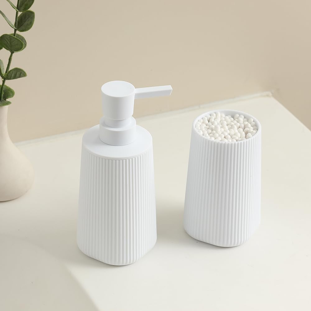 Bathroom Accessories 2 Piece Soap Dispenser and Toothbrush Holder Set Striped White