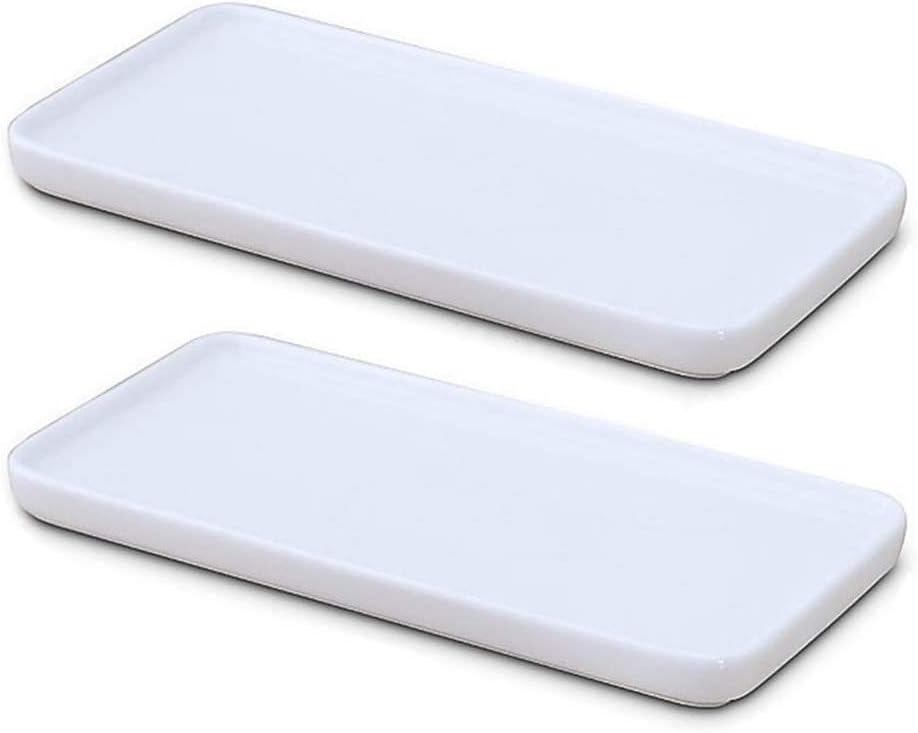 Ceramic Vanity Tray Small Rectangle, Bathtub Tray Bathroom Organizer, Cosmetics Holder for Tissue Candle Towel Plant Jewelry Ring Dish Dresser Perfume Shampoo-White(2 Pcs)(Small)