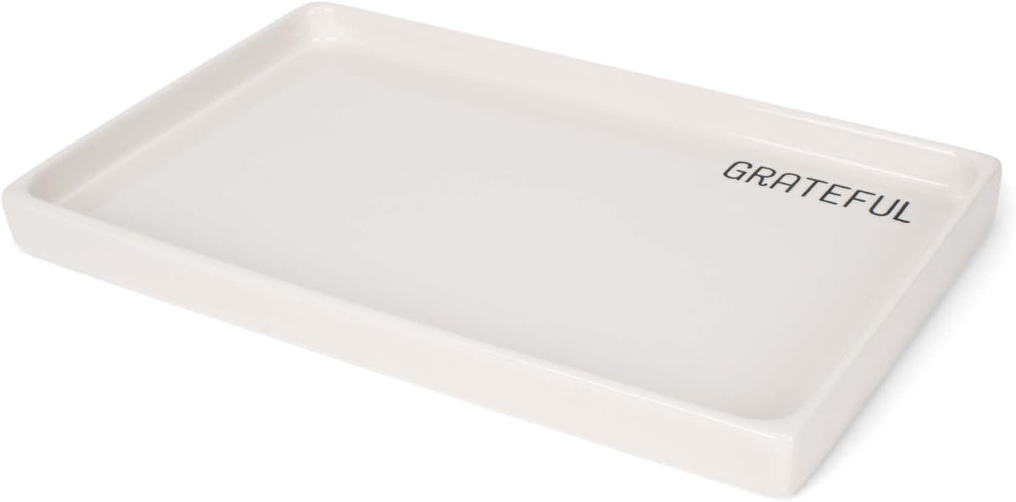 NAT & Jules Grateful 10 x 6 Ceramic Stoneware Vanity Tray - Perfect Bathroom or Kitchen Counter Organization Décor: Sponge Holder, Soap Dish, Jewelry and Perfume Tray, Grateful Cream
