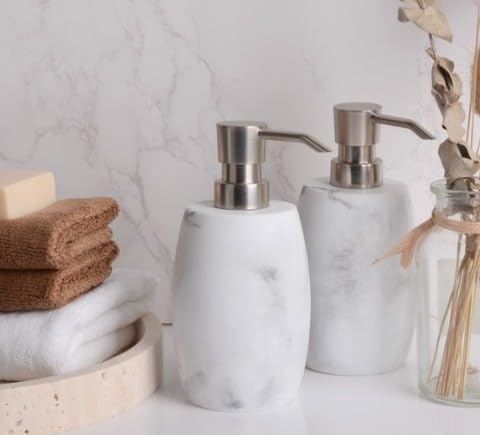 Resin Soap Dispenser Set 2, Refillable Hand Soap Dispenser with White Marble Look and Metallic Pump, Kitchen, Bathroom, Waterproof Labels (12 Oz)