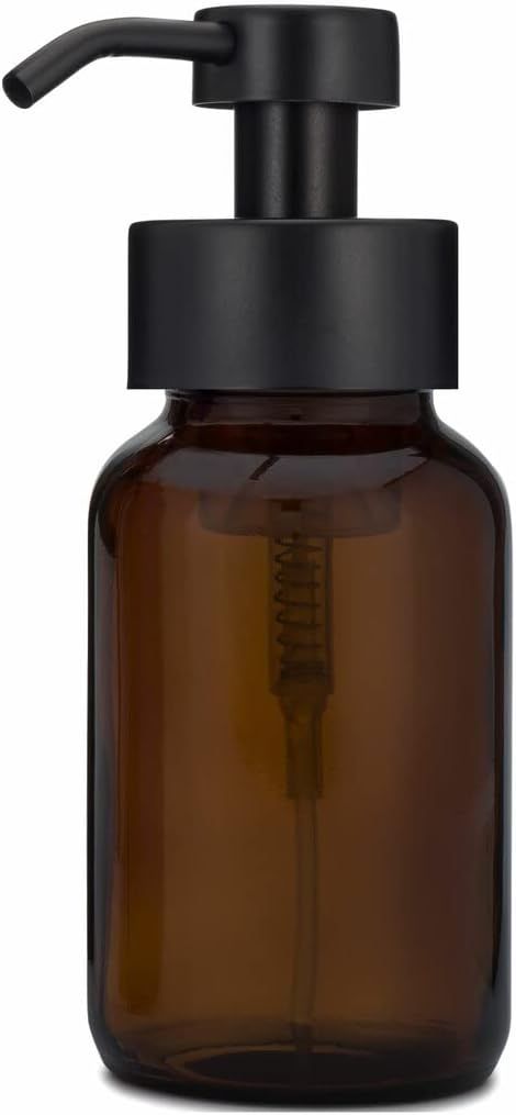 Rail19 Amber Glass Apothecary Foaming Soap Dispenser with Metal Pump - for Kitchen and Bathroom Countertop, 8.5oz (Black)