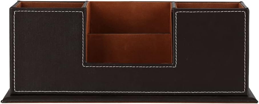 KINGFOM™ Double Holder Wood Leather Multi-Function Desk Stationery Organizer Dark Brown