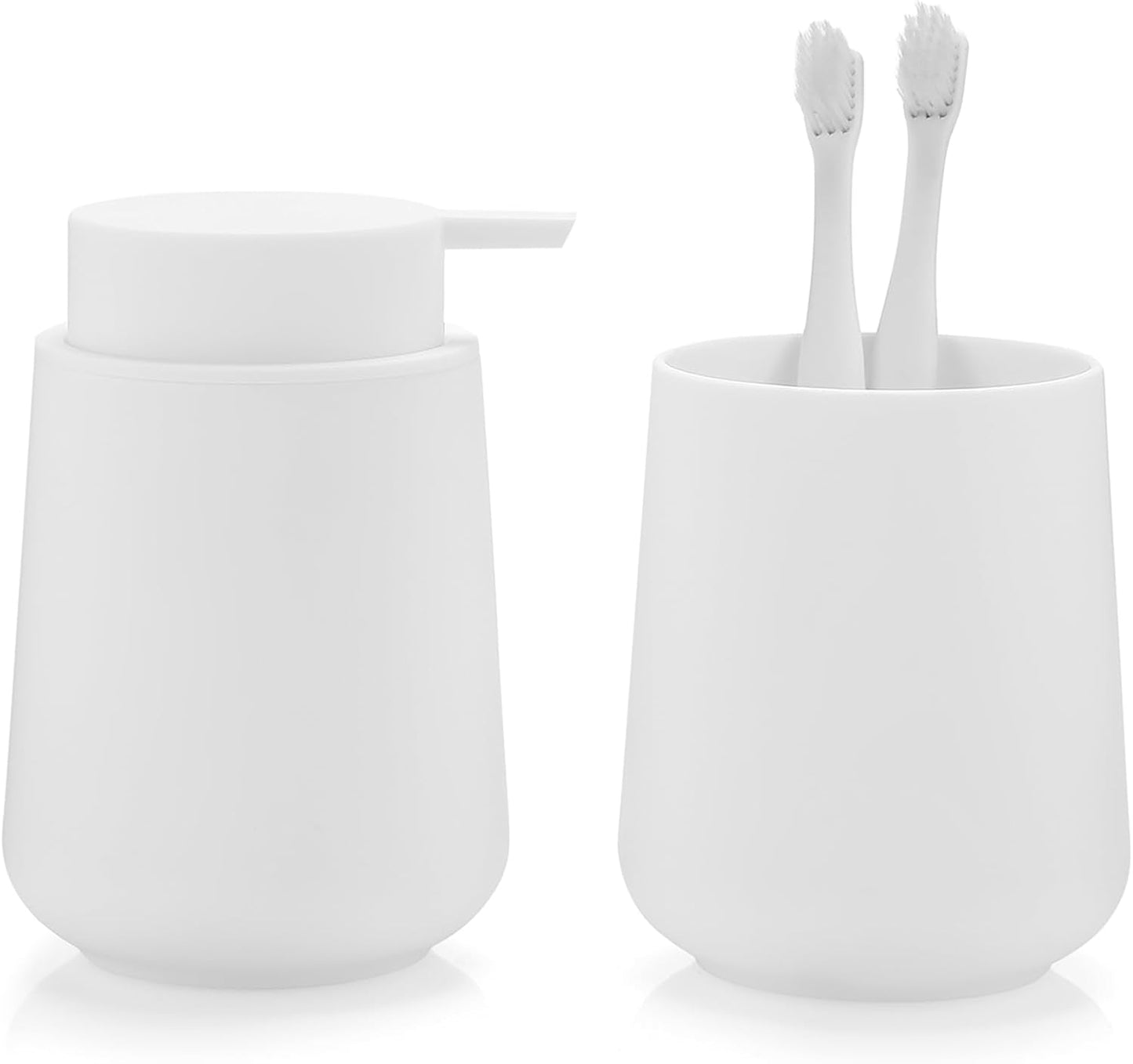 Matte White Bathroom Accessories 2 Piece Set Plastic Soap Dispenser and Toothbrush Holder for Modern Bathroom Decor