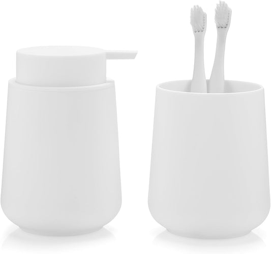 Matte White Bathroom Accessories 2 Piece Set Plastic Soap Dispenser and Toothbrush Holder for Modern Bathroom Decor