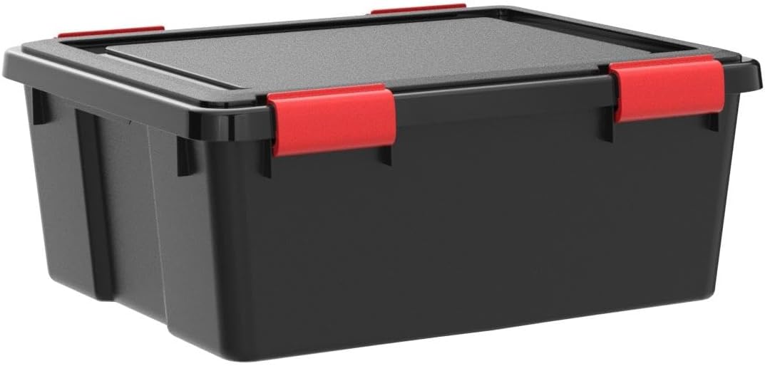 IRIS USA WeatherPro 31 Qt Storage Bins with Lids, 6 Pack, BPA-Free Plastic Gasket Box with Tight Latch and Seal, Stackable Nestable Tote Tub - Black/Red