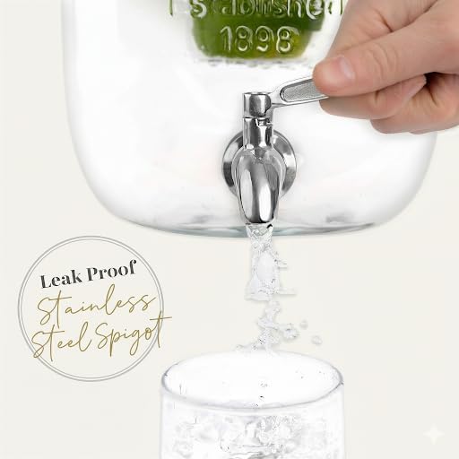 2 Gallon Extra Large Iced Beverage Dispenser – Glass Mason Jar Drink & Beverage Container with Metal Spigot and Lid