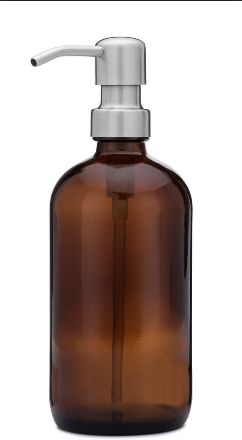 Rail19 Market Amber Glass Soap Dispenser with Metal Pump - Liquid Hand Soap & Lotion for Kitchen and Bathroom, 16oz (Farmhouse Stainless)
