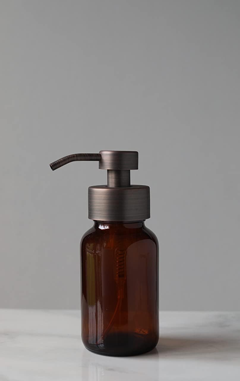 Rail19 Amber Glass Apothecary Foaming Soap Dispenser with Metal Pump - for Kitchen and Bathroom Countertop, 8.5oz (Bronze)