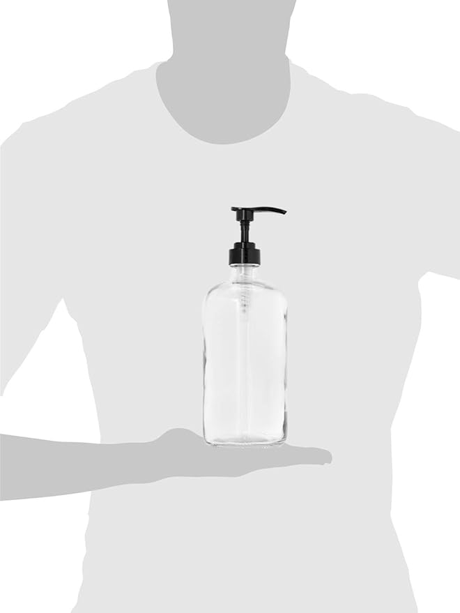 kitchentoolz 32-Ounce Pump Bottles, Large Clear Glass Boston Round Bottles w/Black Pumps. Great for Lotions, Laundry Soap Detergent, Oils, Sauces - Food Safe and Medical Grade (Pack of 2)