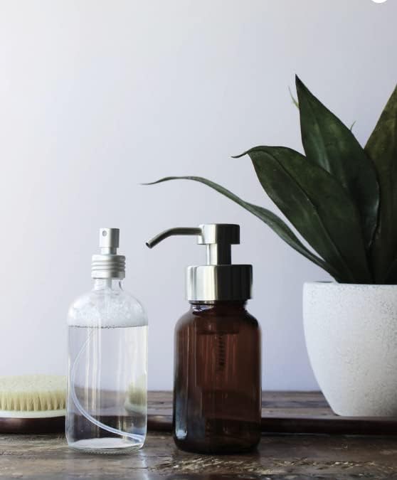 Rail19 Amber Glass Apothecary Foaming Soap Dispenser with Metal Pump - for Kitchen and Bathroom Countertop, 8.5oz (Stainless Steel)