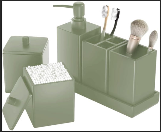 Bathroom Accessories Set Resin 6PCS, Square Toothbrush Holders Set Complete with Soap Dispenser, Vanity Tray, Tumbler, Cups and Cotton Swab Jars (Sage Green, Resin Bath 6 PCS)
