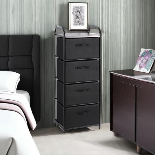 MAX Houser 4 Drawer Fabric Dresser Tall Storage Tower, Dresser Chest with Wood Top, Vertical Nightstand Side Organizer Unit with Metal Frame for Closets Bedroom Nursery Room Hallway(Black)
